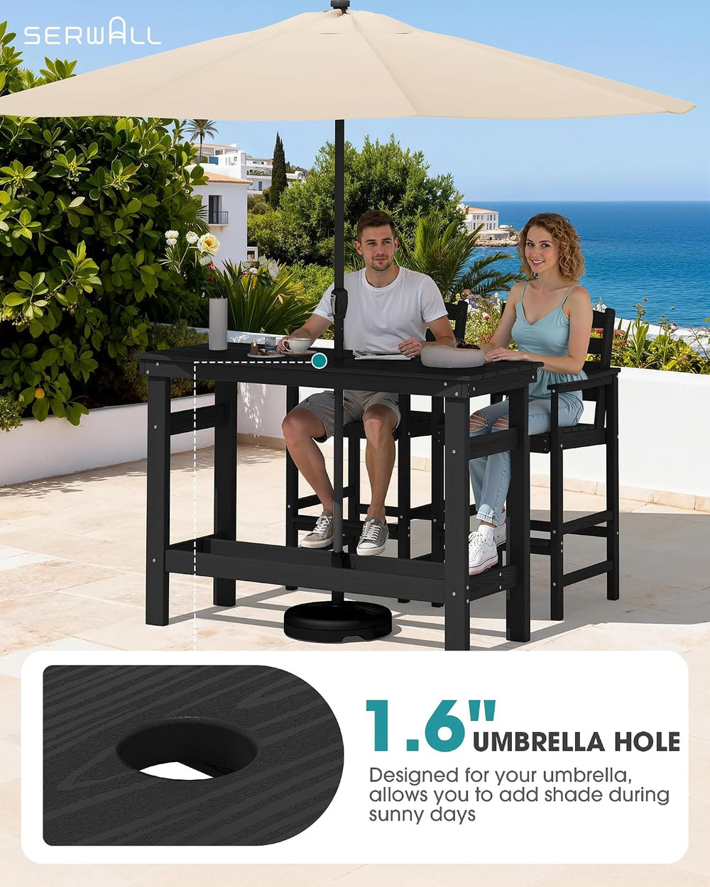 SERWALL Outdoor Bar Set, 2 Adirondack Bar Chairs & Bar Height Table, Black