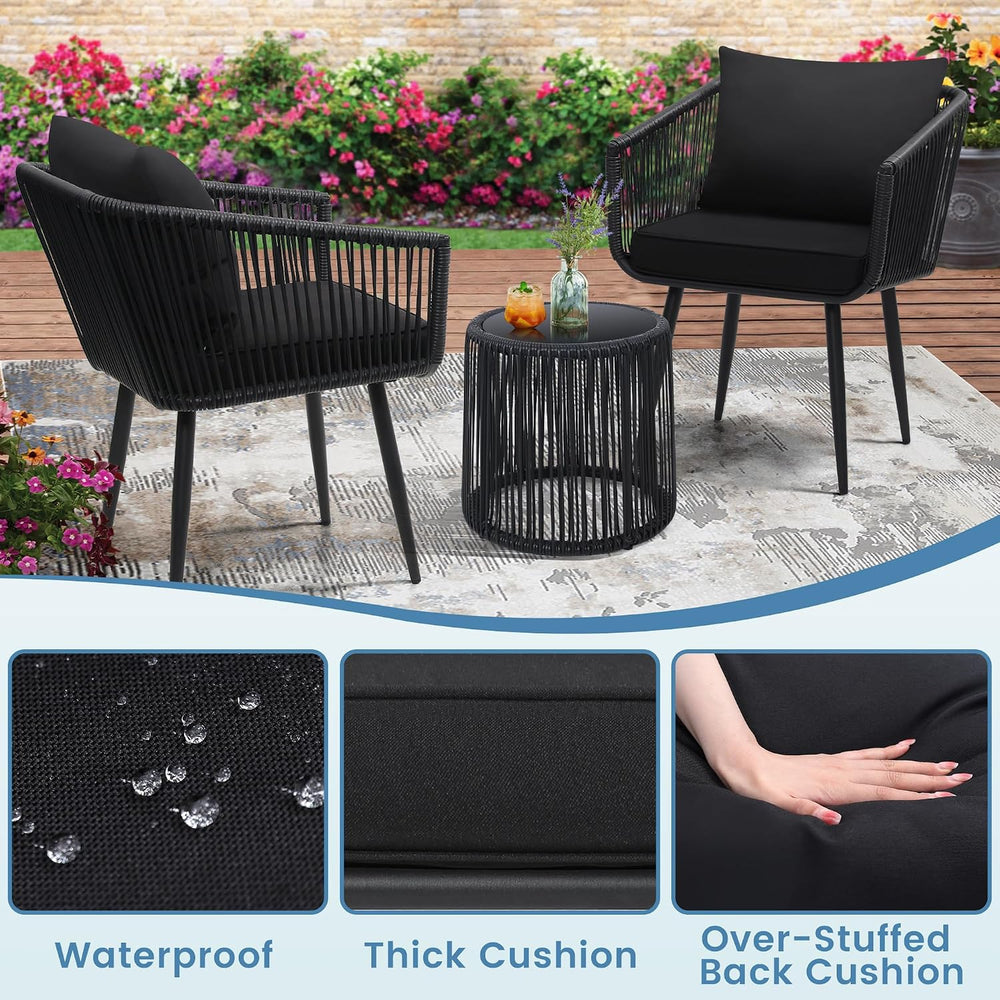 Kromax 3-Piece Patio Rattan Bistro Conversation Set, Black