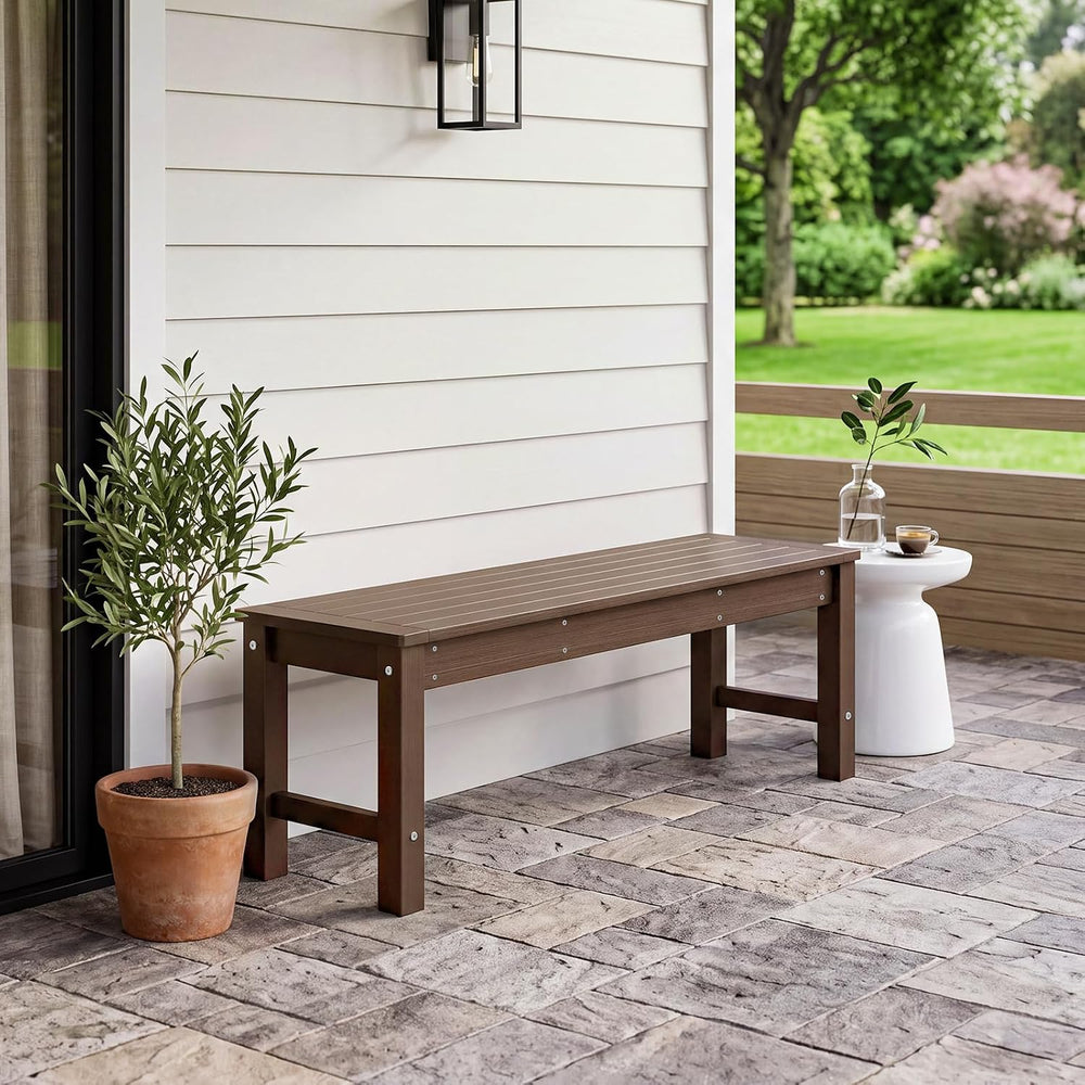 Psilvam 48“ HDPE Outdoor Bench, 2-Person Backless Garden Bench, Brown
