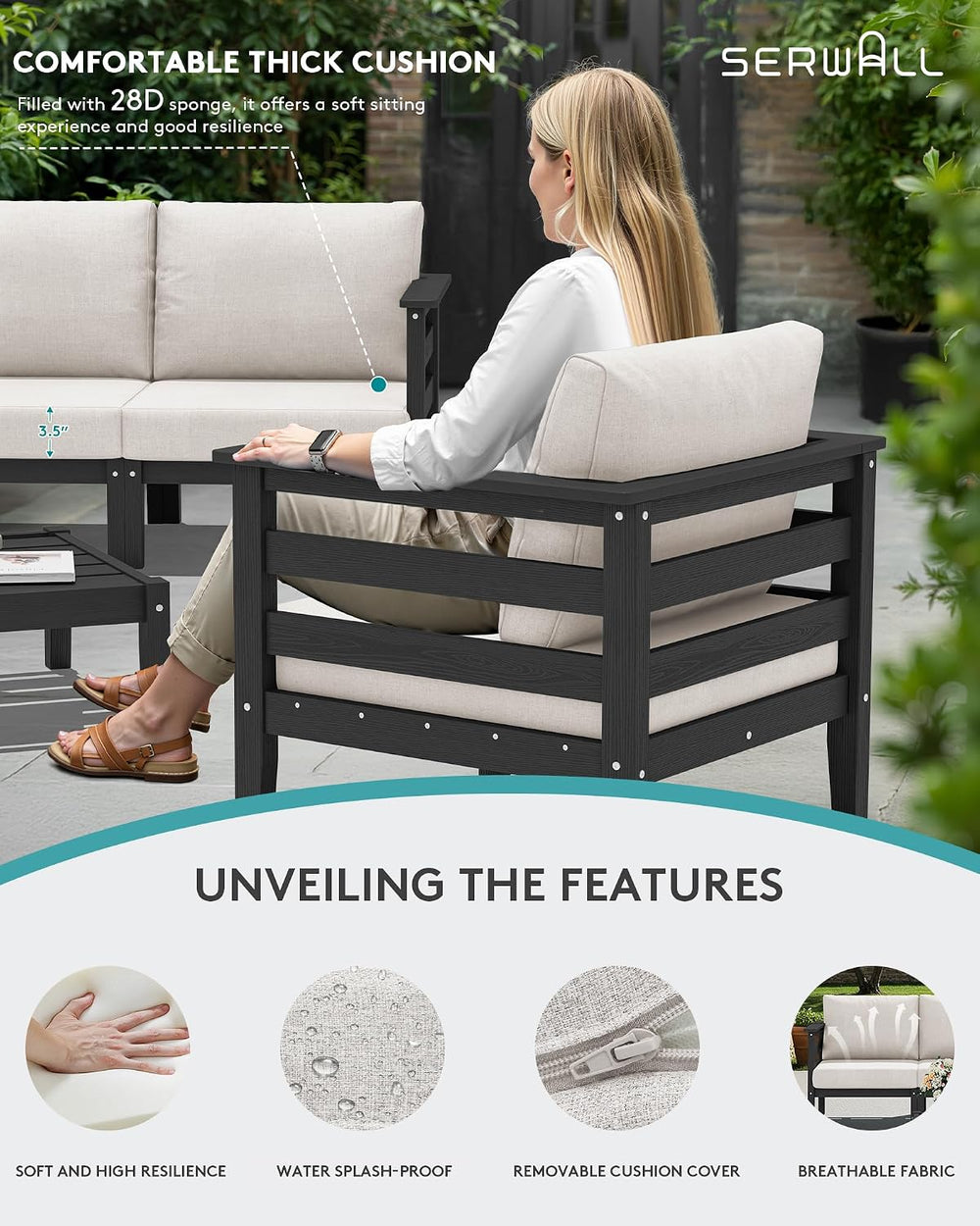 SERWALL HDPE Patio Furniture Set, 6 Pieces Outdoor Sectional Sofa Set
