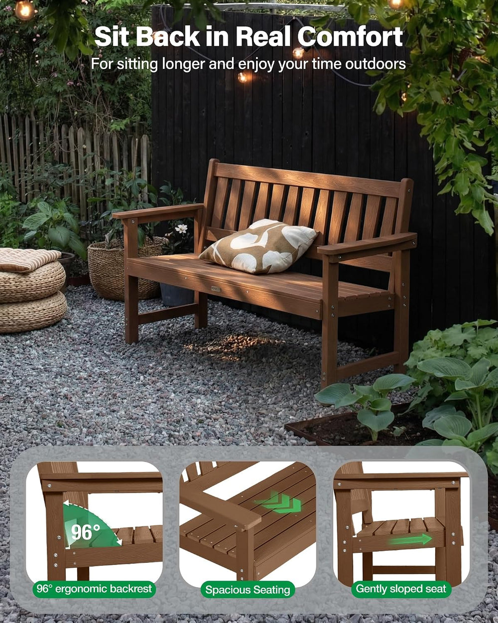 YEFU Outdoor Bench, 2-Person, Garden Bench, All-Weather, Teak