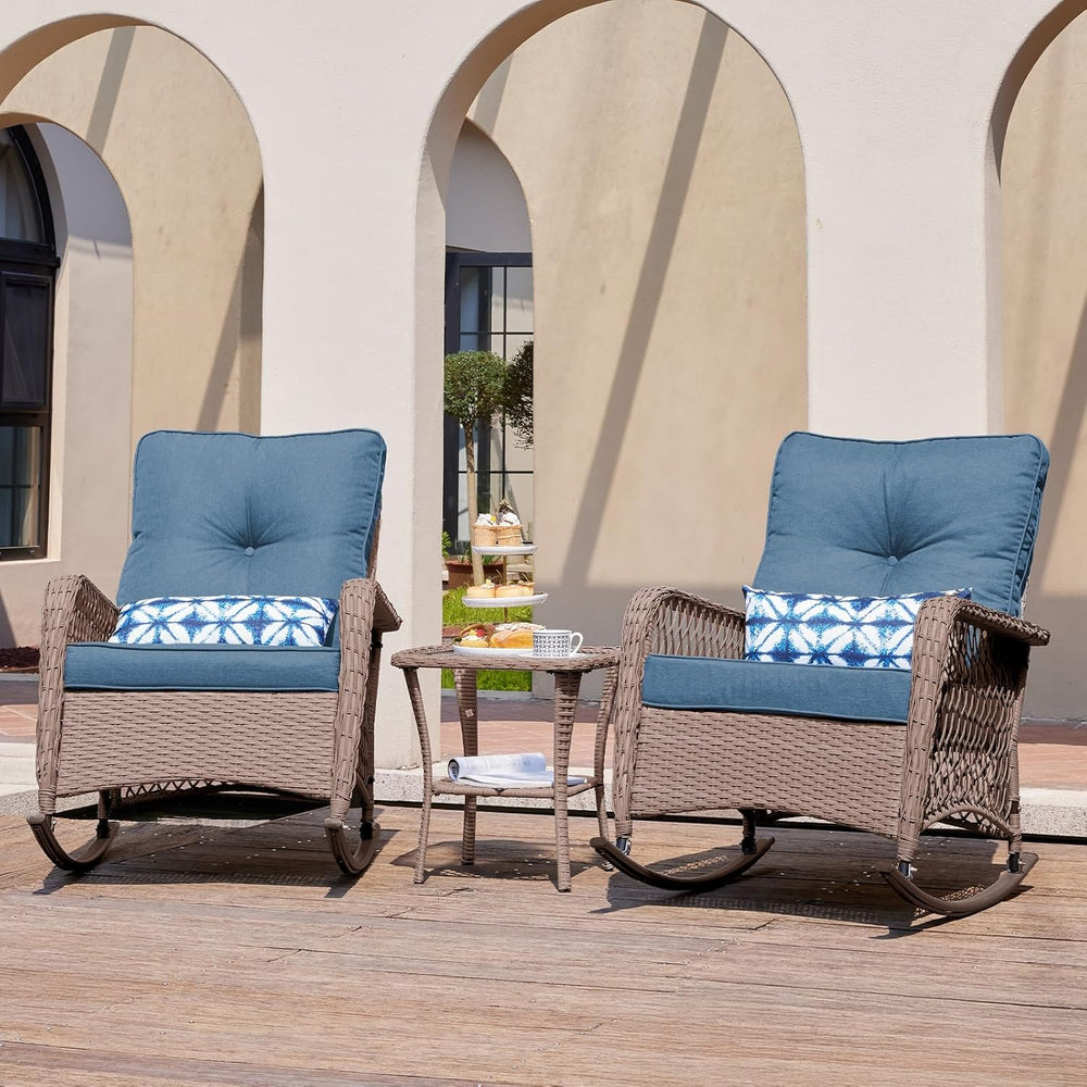 UDPATIO Rocking Chair Outdoor Set 2 w/Coffee Table, 3 Pc Wicker Bistro Set