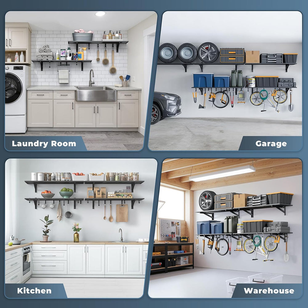 2 Pack Wall Mounted Garage Shelving with 8 Hooks, 1.5x4ft, 500lbs