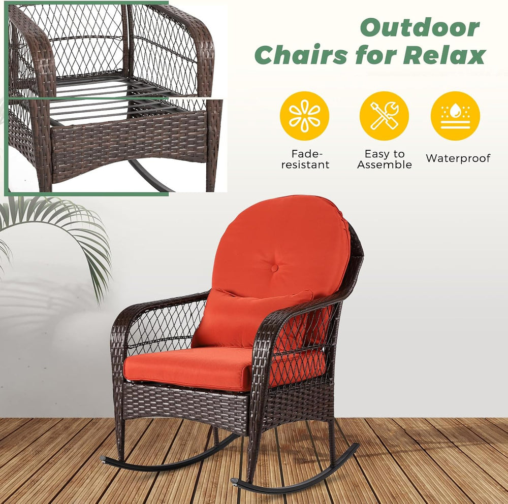 LVUYOYO Outdoor Wicker Rocking Chair, Patio Rattan Rocker Chair with Cushions...