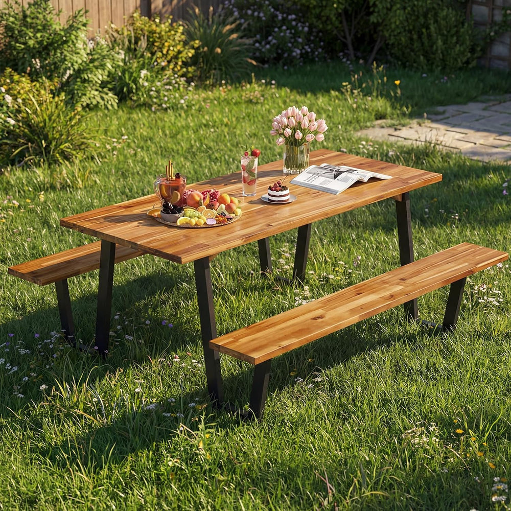 GIANTEX 71" Picnic Table Bench Set for 6-8, Acacia Wood Outdoor Dining T...