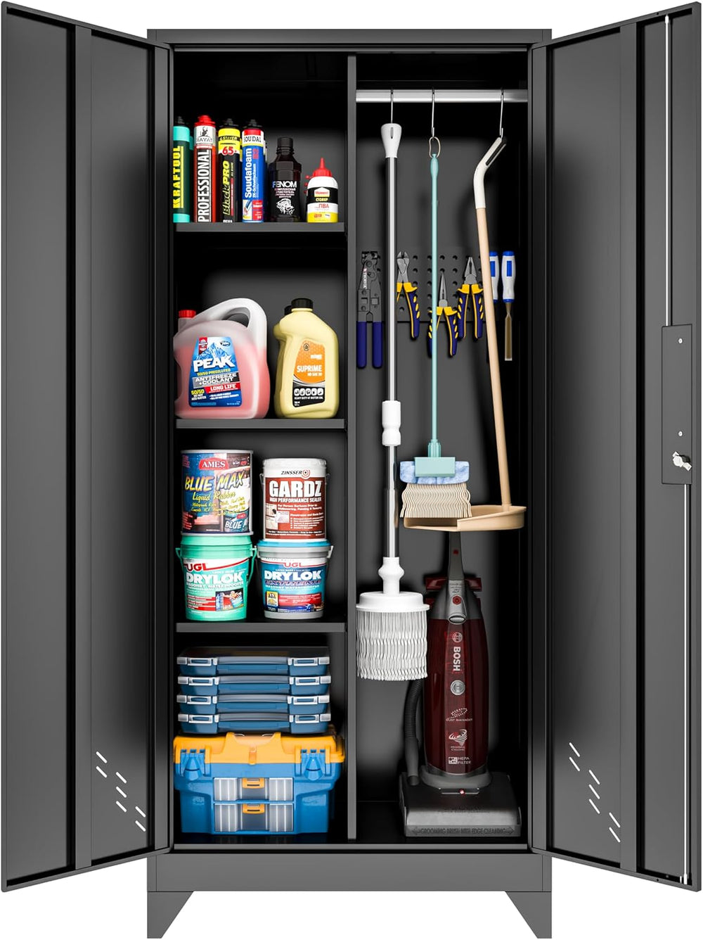 Metal Garage Storage Cabinets with Lock, Cabinet with Pegboard & Hanging ...