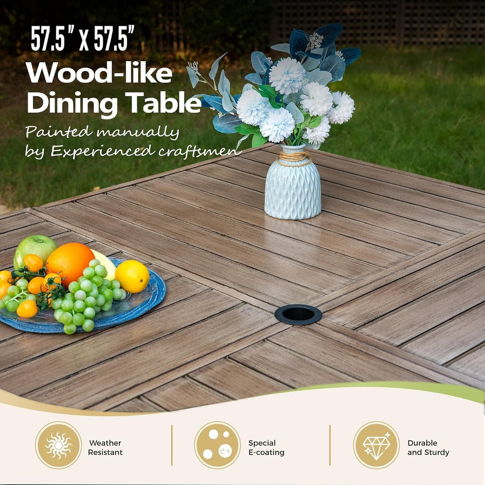9pc Patio Dining Set, 57.5" Square Metal Table, 8 Rattan Chairs