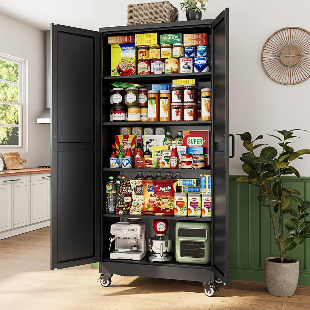 Letaya 75" Metal Garage Storage Cabinet with Wheels,Black Kitchen Pantry