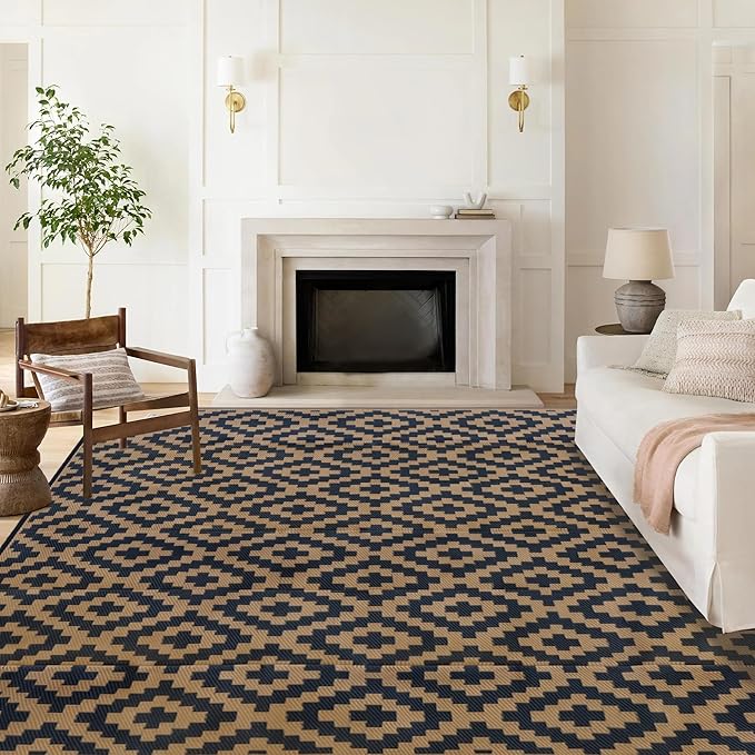 SAND MINE Reversible Mats, Plastic Straw Rug, Modern Area Rug, Large Floor Mat and Rug for Outdoors, RV, Patio, Backyard, Deck, Picnic, Beach, Trailer, Camping, Black & Brown, 8' x 8'
