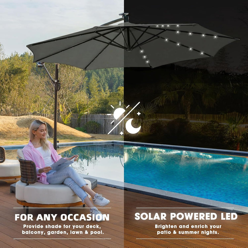wikiwiki 10ft Solar LED Offset Patio Umbrella, Outdoor Cantilever Patio Umbre...