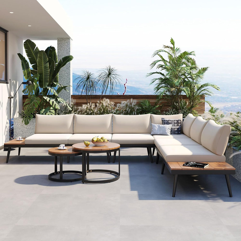 Modern Outdoor Sectional Sofa Set with Round Nesting Coffee Tables (Beige)