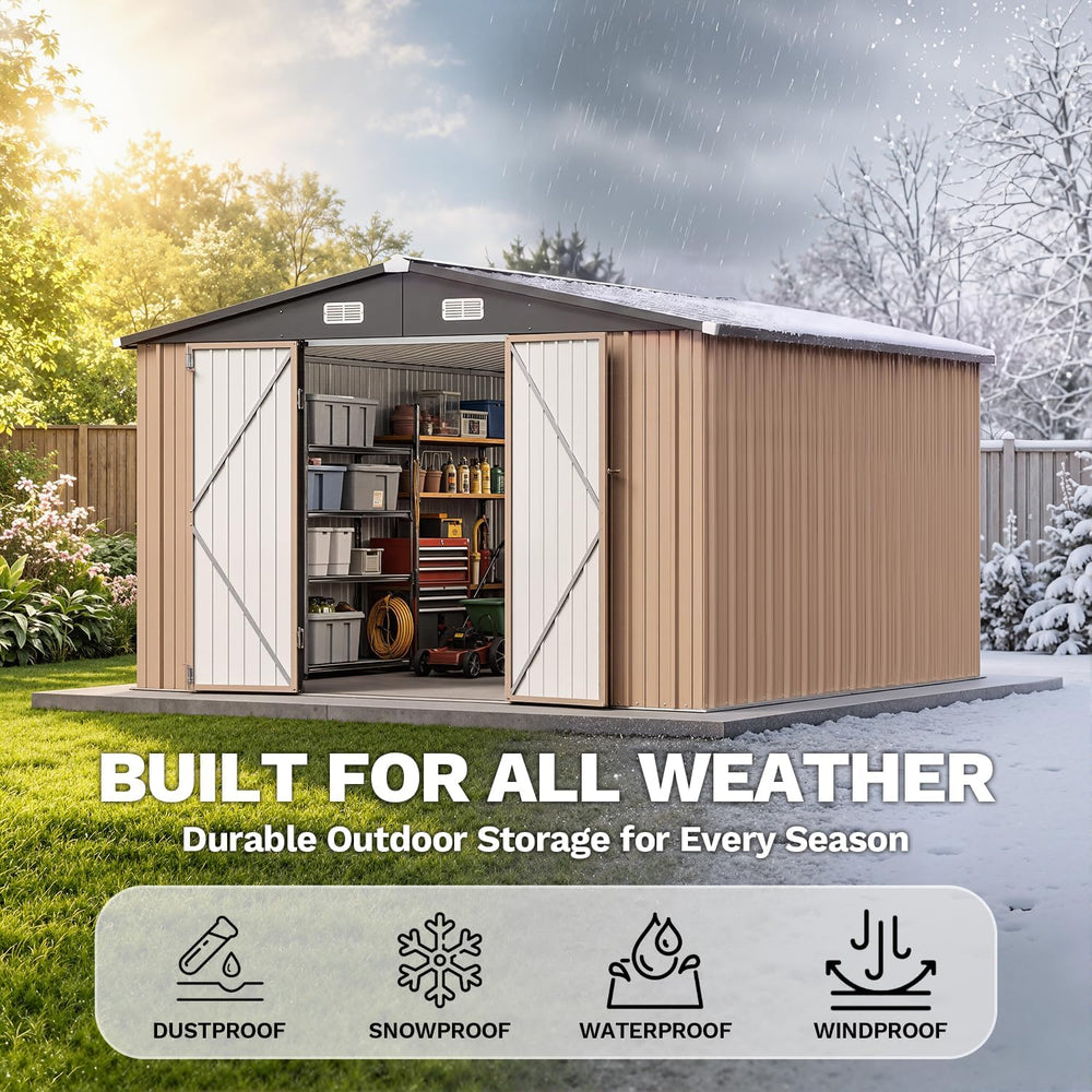 Aoxun 10x12 FT Outdoor Storage Shed with Lockable Double Door, Light Brown