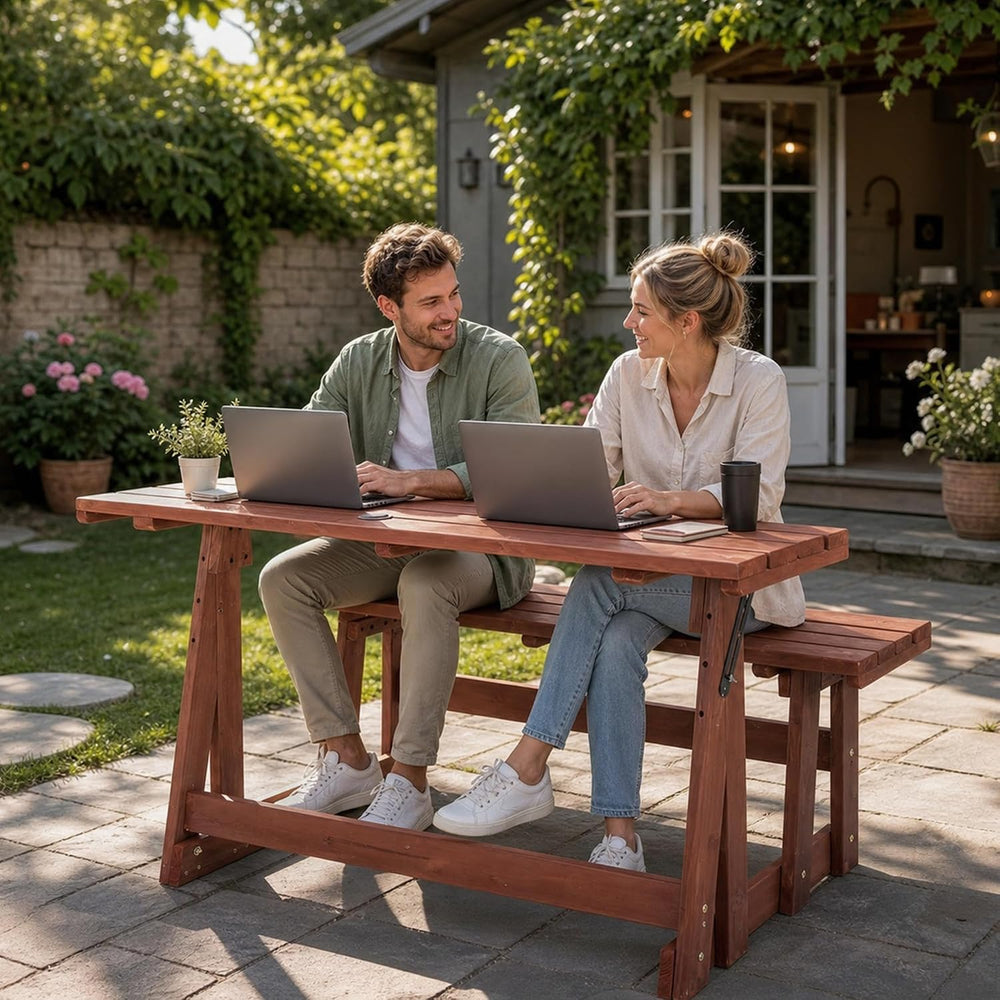 2-IN-1 Convert A Bench Picnic Table Wood Bench to Table With Umbrella Hole