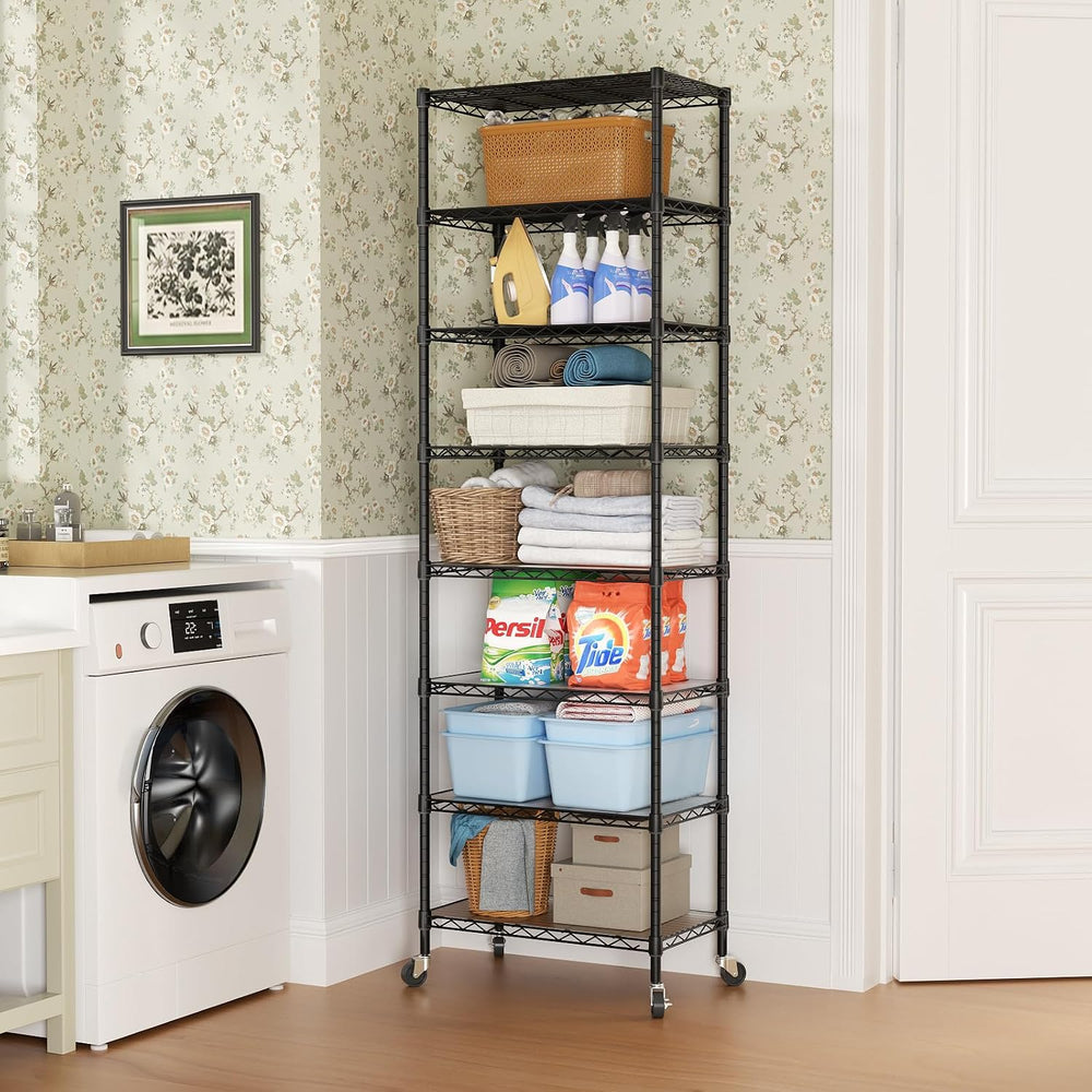SINGAYE 8 Shelves Storage Wire Shelf Closet Metal Shelving Pantry Wheels