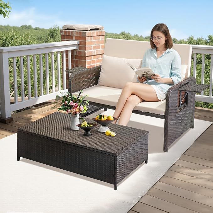 VINGLI Patio Daybed, Wicker Outdoor Daybed with Storage Ottoman & 5-Level...
