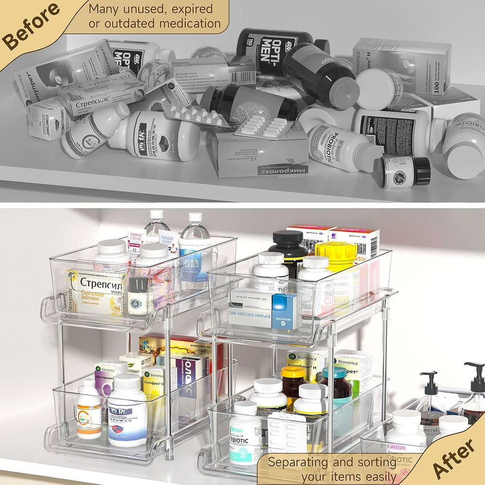 2-Tier Bathroom Organizer with Dividers, Clear Under Sink and Pull-Out Cabine...