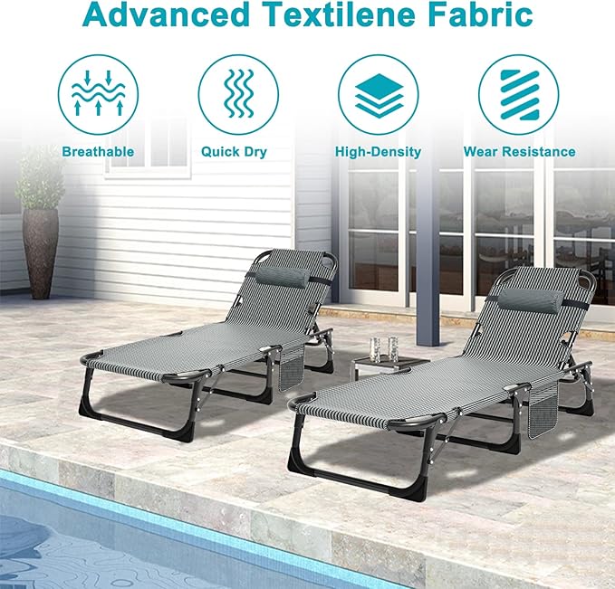 ABORON 2PK Heavy Duty Tanning Chair, 5-Gear Outdoor Folding Chaise Lounge Cha...