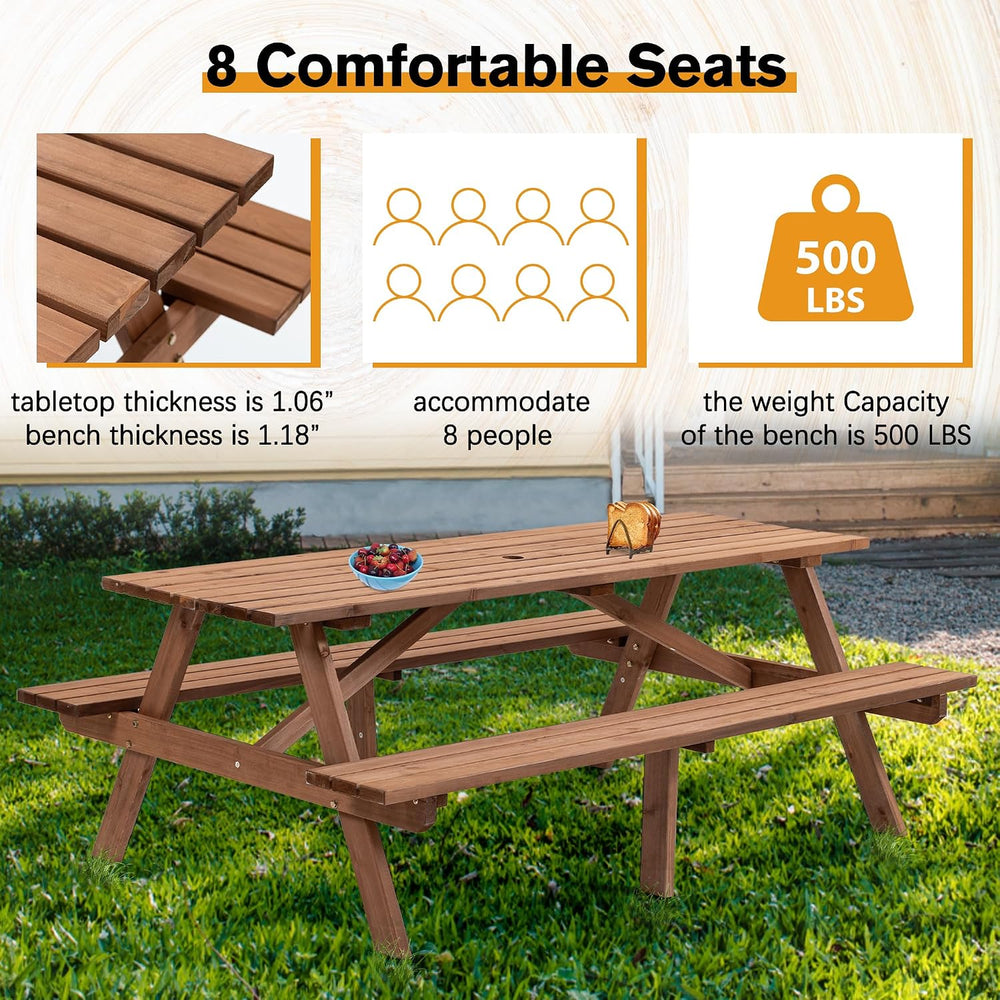 KEIKI 8-Person Wooden Picnic Table, Outdoor Camping Dining Table with 2 Built...