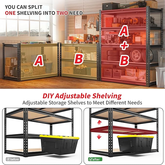 REIBII 2400LBS Storage Shelves 5 Tier Garage Shelving Heavy Duty, Adjustable ...