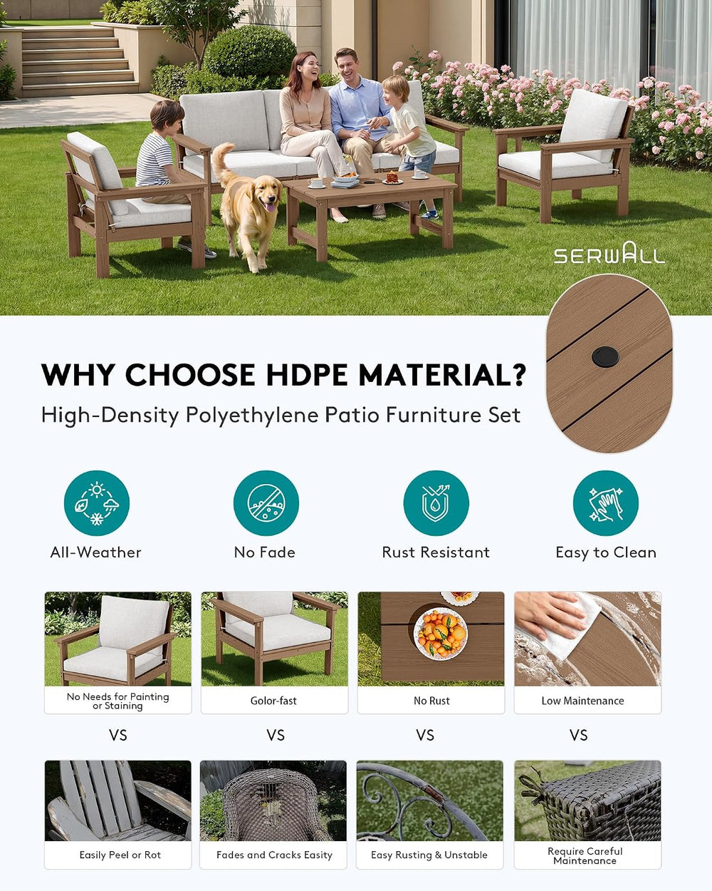 SERWALL HDPE Outdoor Patio Furniture Set Outdoor Couch
