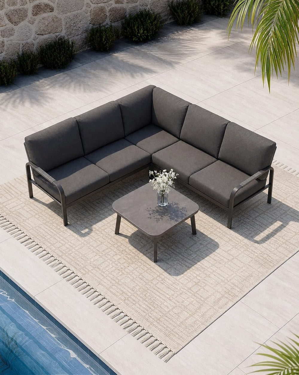 L-Shaped Aluminum Patio Conversation Set Outdoor Sectional Sofa Set, Gray