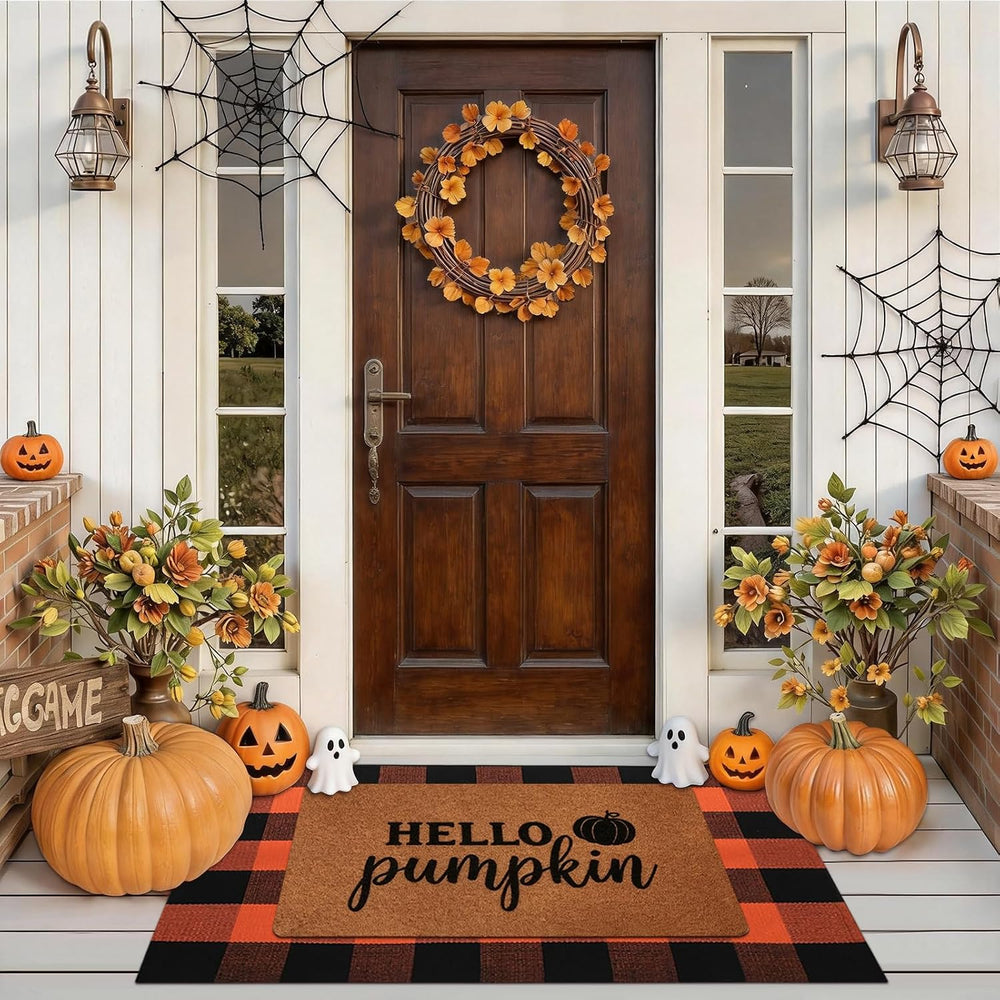 2 Pack Fall Halloween Door Mat Set, Pumpkin Coir & Plaid for Thanksgiving