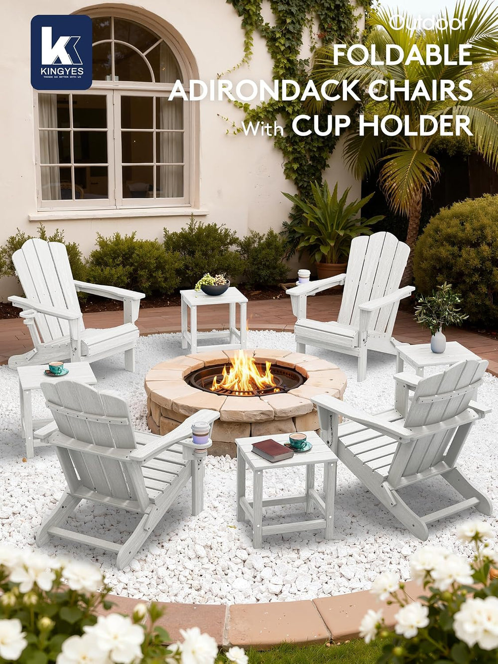KINGYES Folding Adirondack Chair Set of 2 with Cup Holder, White