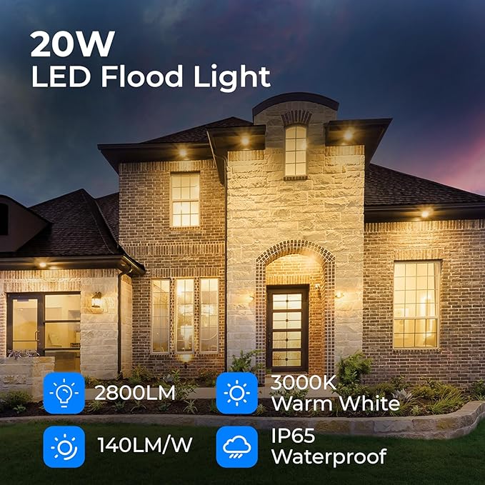CINOTON 20W LED Flood Lights Outdoor, IP65 Waterproof Exterior Security Wall ...
