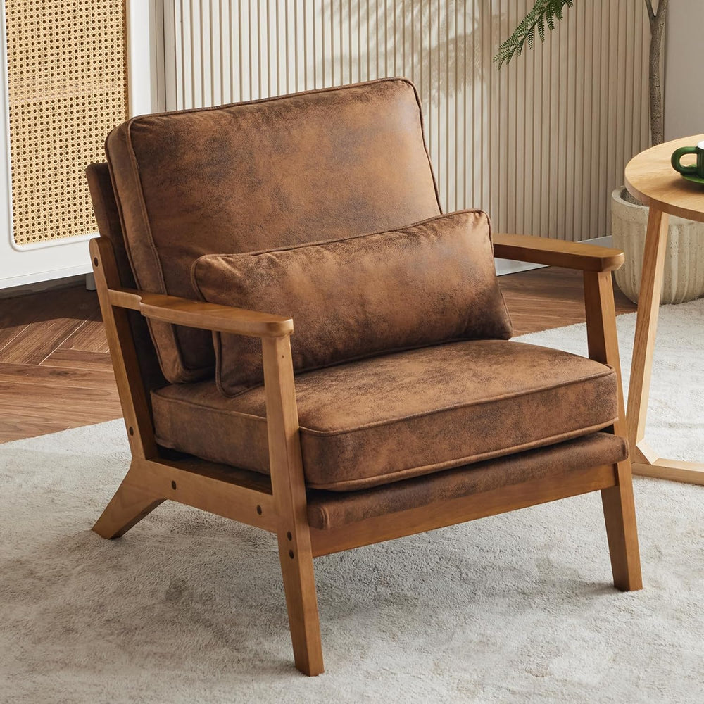 VINGLI Solid Wood Wide Armrests Accent Chair,Upholstered Mid Century Modern C...