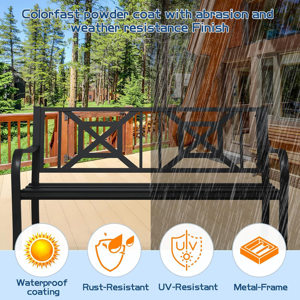 Black Outdoor Bench, Metal Weatherproof Garden Bench Cast Iron Heavy-Duty Pat...