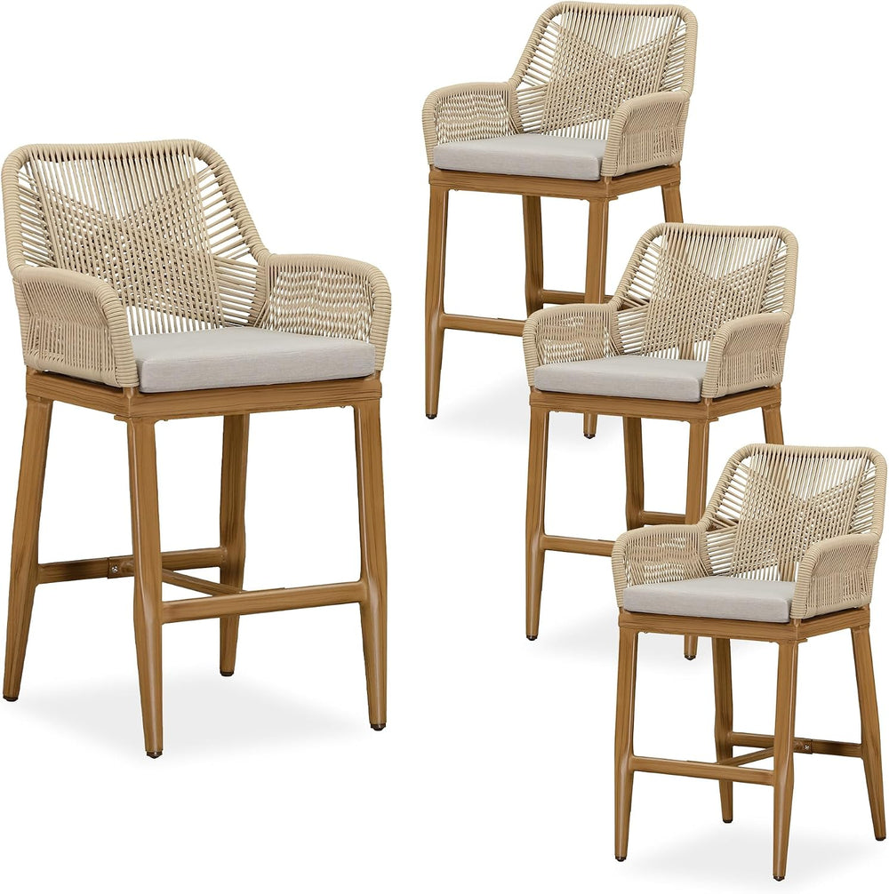 PURPLE LEAF Outdoor Bar Stools Set of 4 Wood-Look Aluminum Frame, Teak