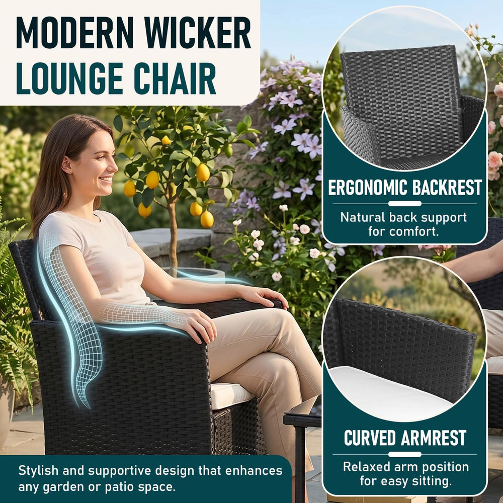 FDW 3-Piece Patio Furniture Set | Black & Beige | Outdoor Wicker Furniture