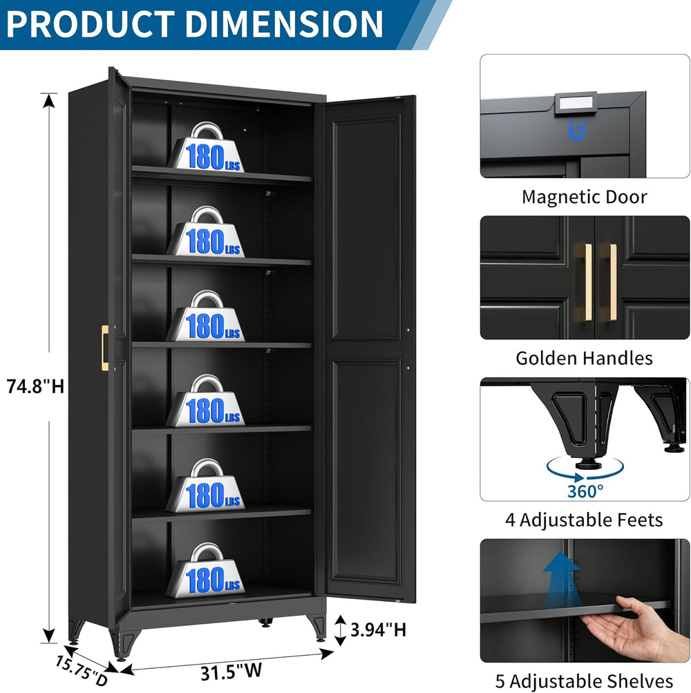 75" Black Metal Storage Cabinet with Doors, Heavy Duty