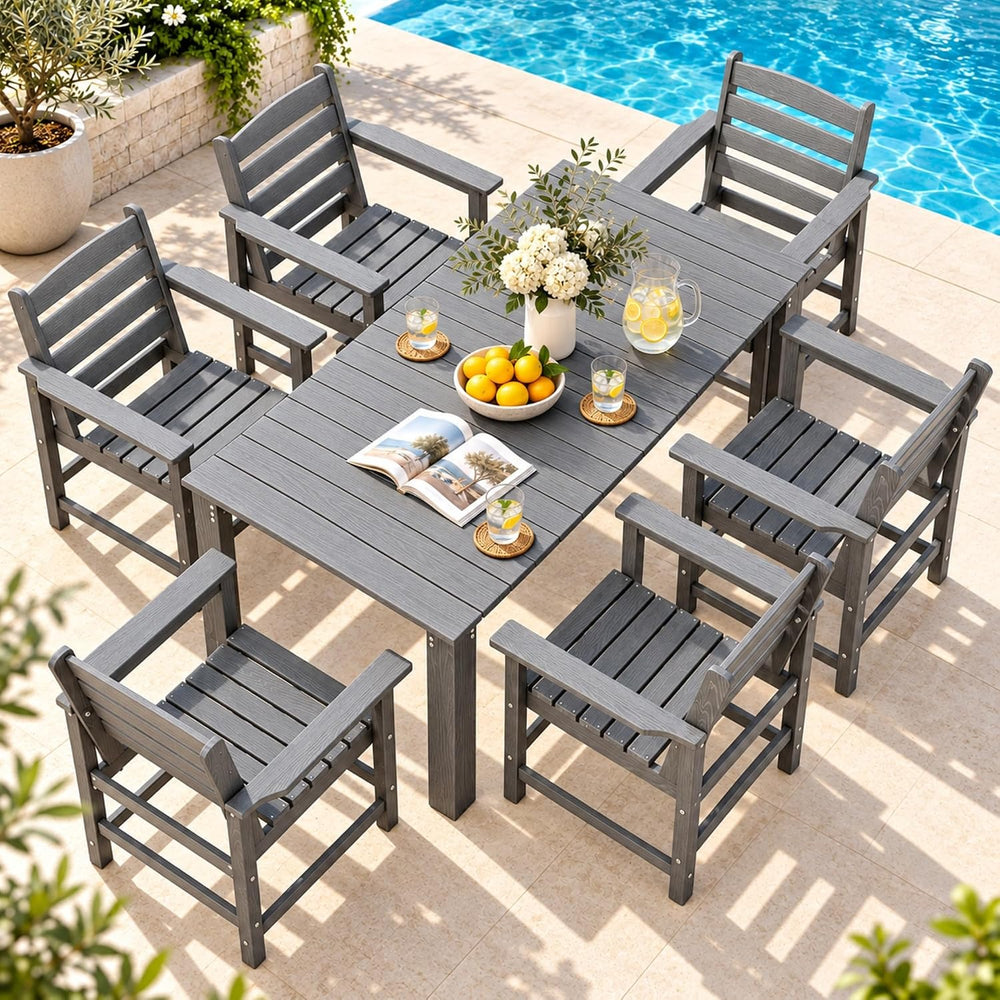 Dining Table Set, 7-Piece HDPE Outdoor Dining Set for 6, Gray