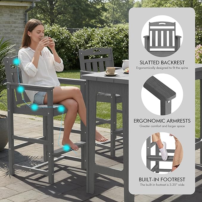 Ciokea 3 Pcs Outdoor Bar Height Table Set, 60" Extra Long Rectangle High...