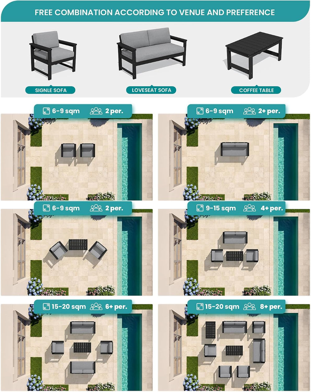 SERWALL 3 Pieces HDPE Outdoor Sofa Bistro Set with Cushions & Coffee Table