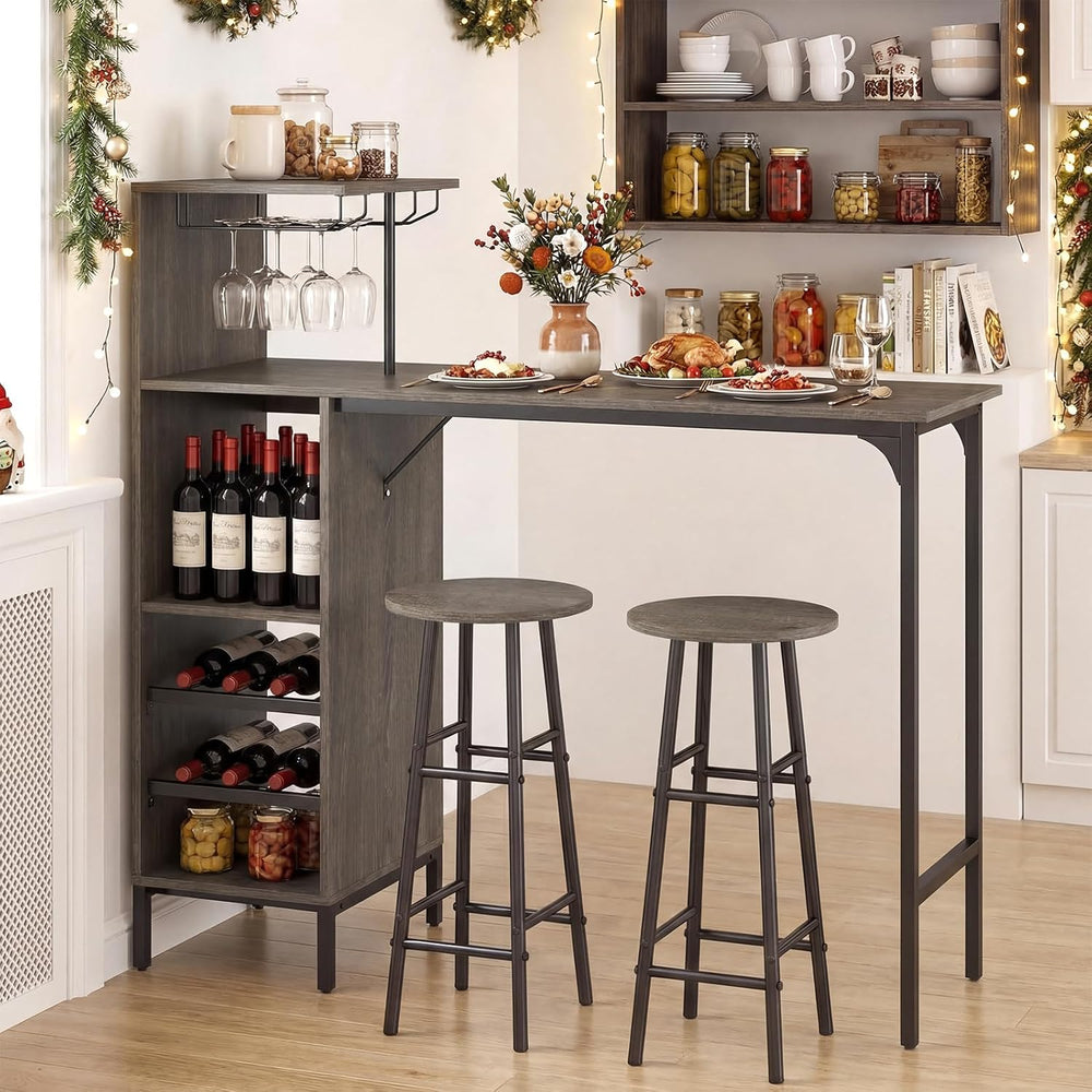 GIANTEX 3 Pieces Bar Table and Stools Set, Bistro Table Set with Glass Holder...