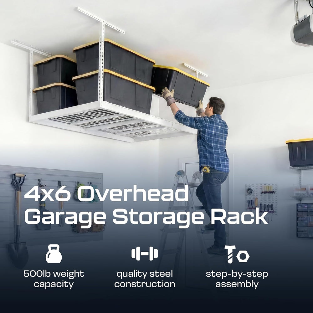 MonsterRax 4x6 Overhead Garage Storage Rack, White, 12"-21" Height