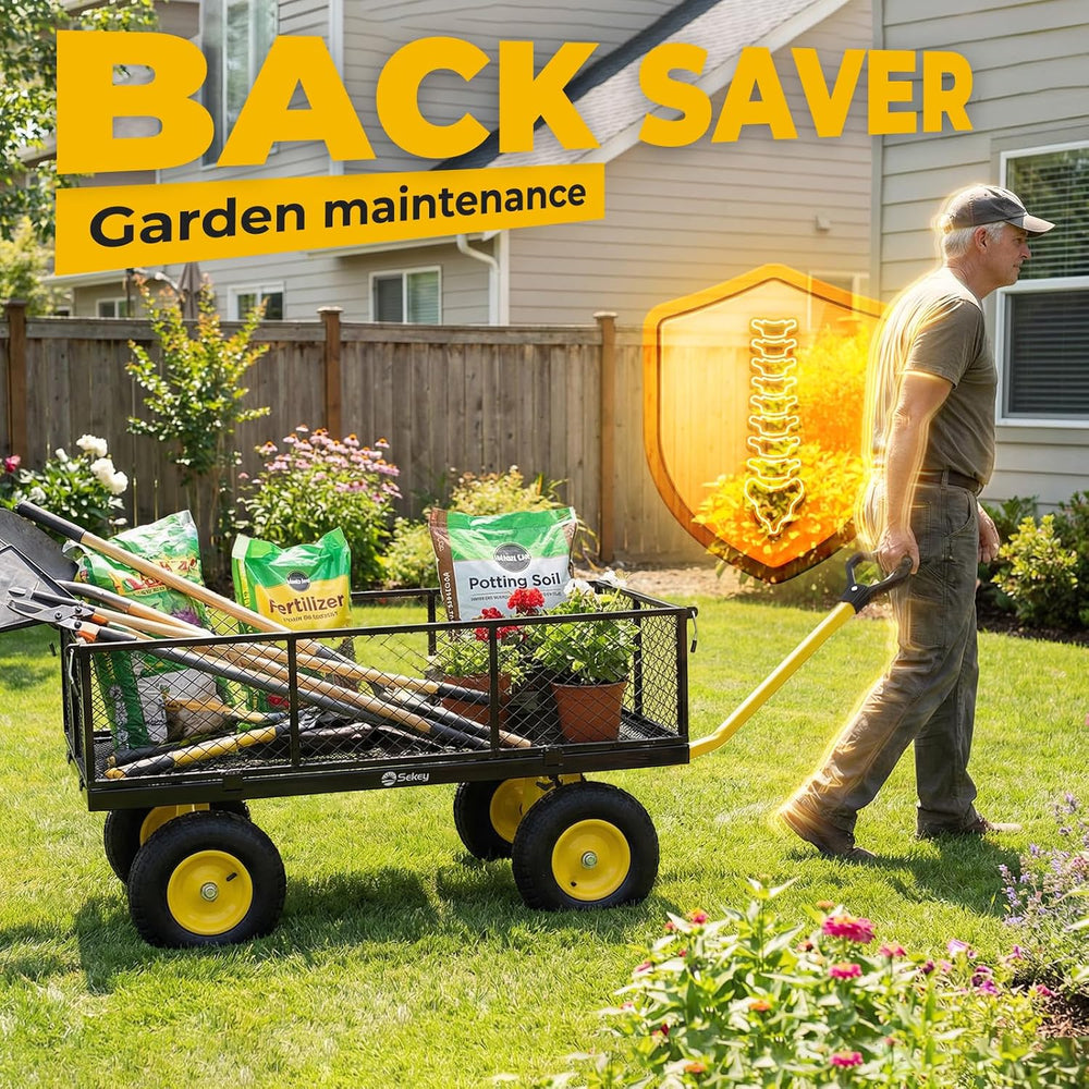 Sekey 7.7 Cu Ft Steel Garden Cart, 1400 lb Capacity, Towable Handle