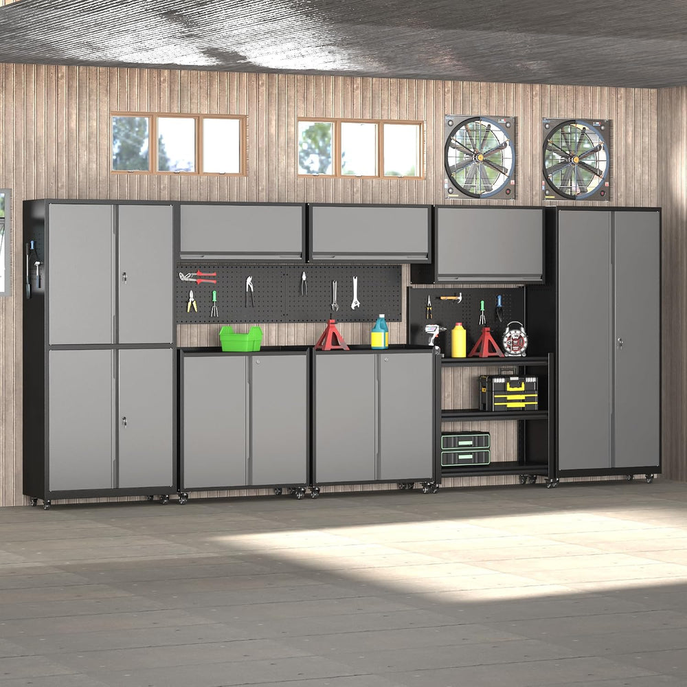 Metal Garage Storage Cabinets System, 8 Piece Workshop Steel Cabinet Set, Rol...
