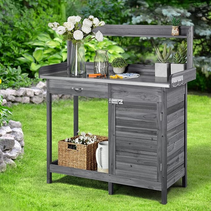 Yaheetech Outdoor Potting Bench Table, Garden Workstation w/Metal Tabletop/Ca...