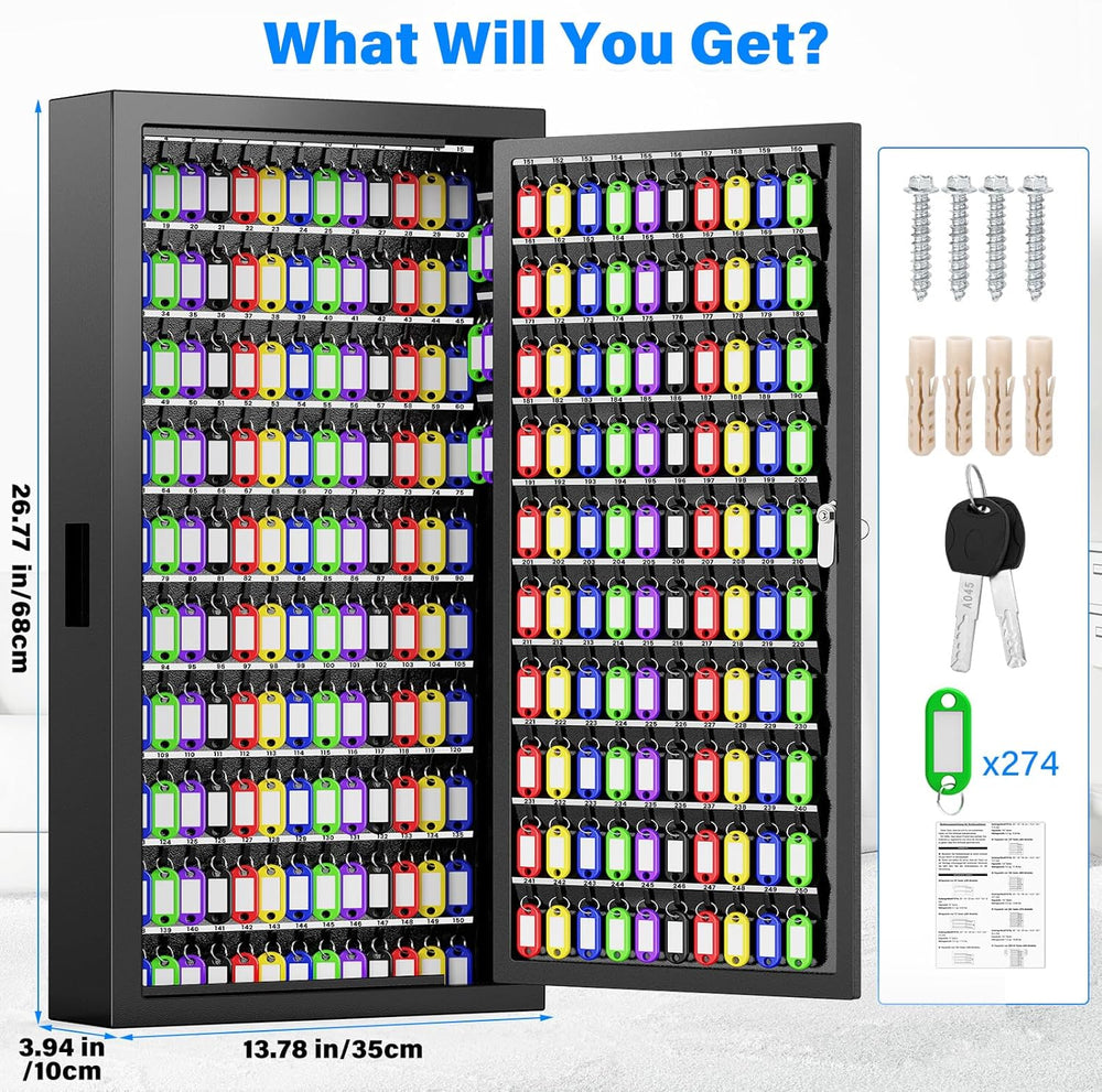 250 Keys Key Lock Box Wall Mount with Additional 24 Side Hooks and Key Tags