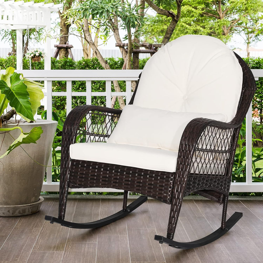 MEDIMALL Outdoor Wicker Rocking Chair, Patio Rattan Rocker w/Lumbar Pillow, P...