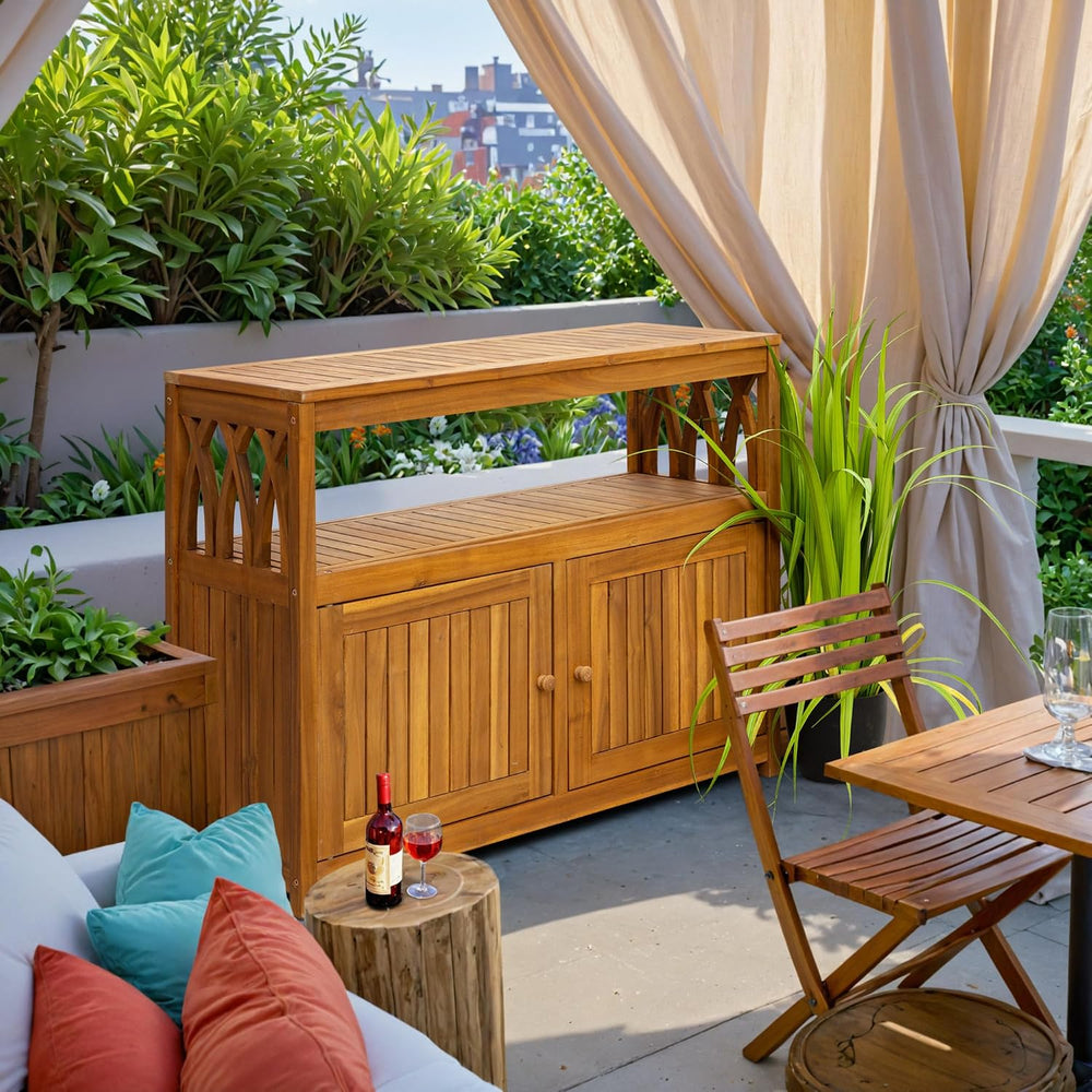 Greesum 2-Tier Outdoor Storage Cabinet in Acacia Wood, with 2 Magnetic Doors,...