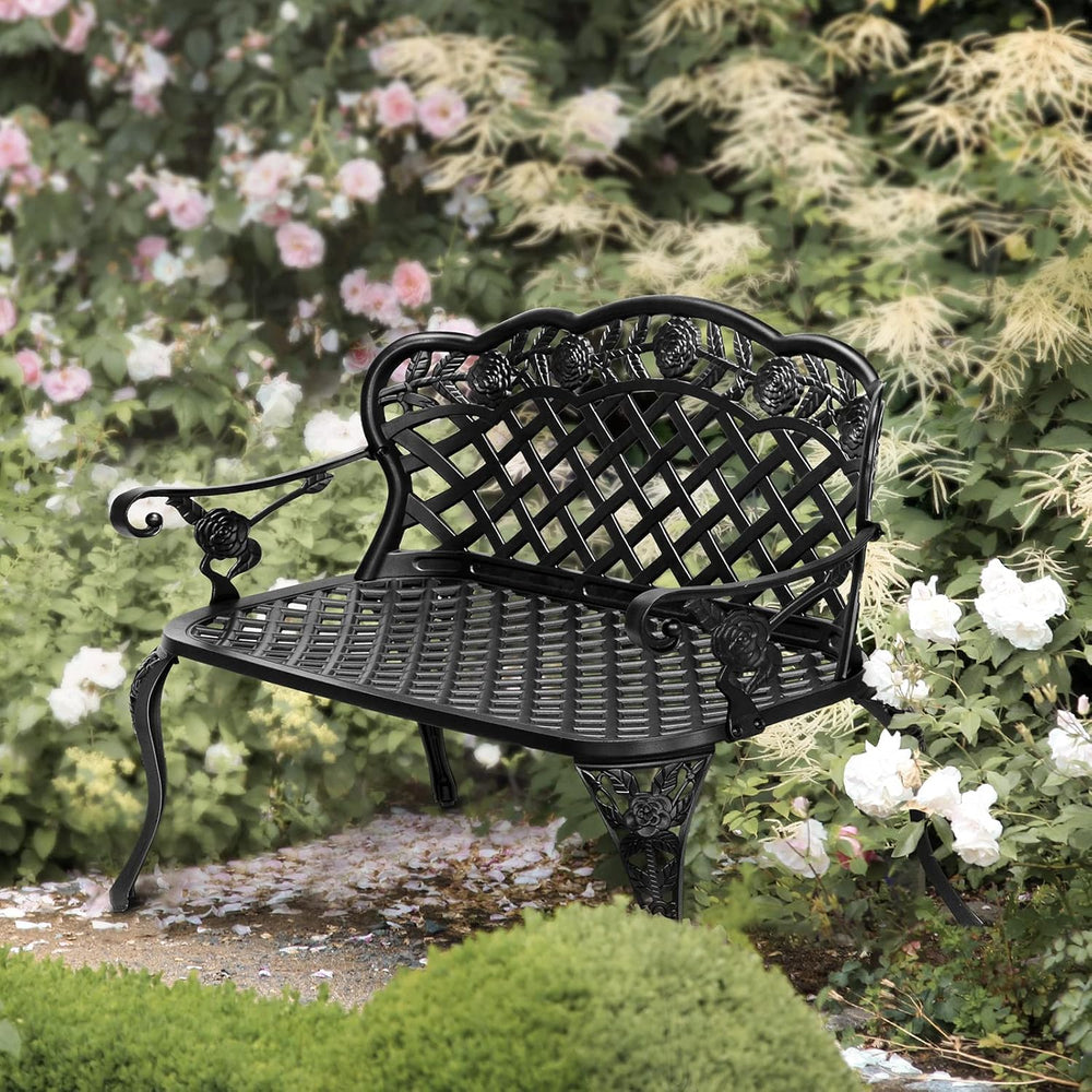 VINGLI 42.5" Outdoor Bench, Antique Cast Aluminum Front Porch Bench Meta...