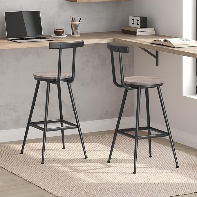 Bar Stools, Set of 2 Bar Chairs with Backrest and Footrest, 26" Tall Cou...