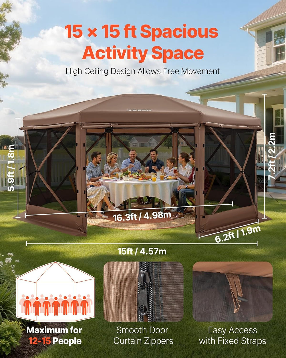 VEVOR Pop up Gazebo Screen Tent, 15 x 15 ft Large 8-Sided Camping Canopy Tent...