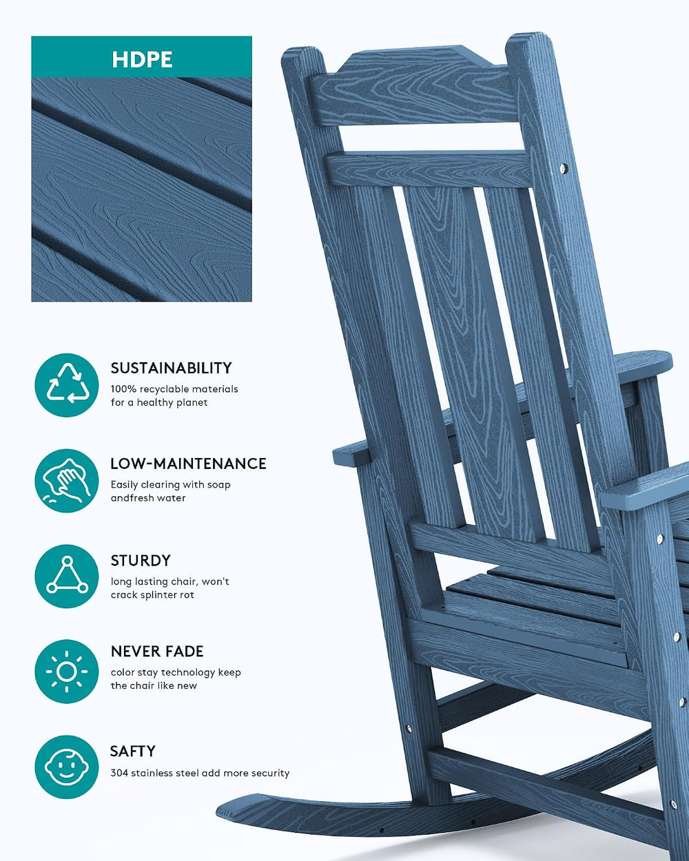SERWALL HDPE Oversized Outdoor Rocking Chair, Patio Rocking Chair, Blue