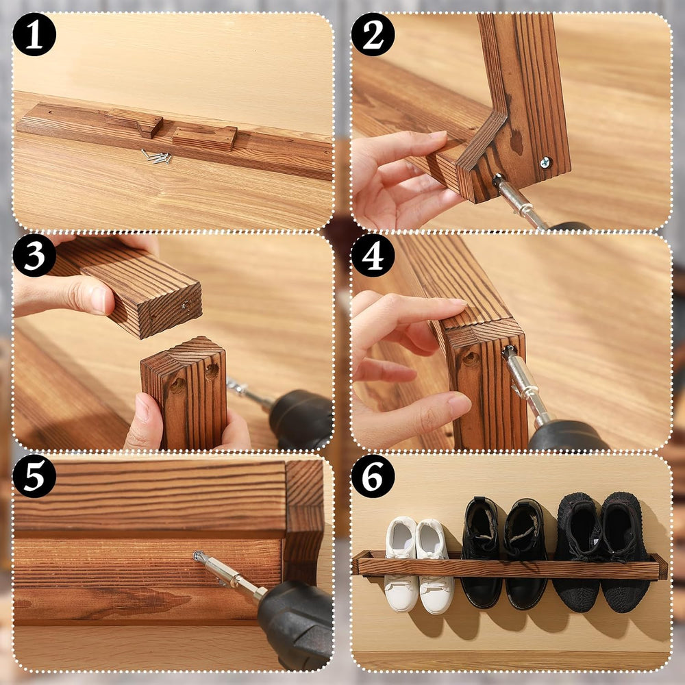 4 Pcs Wall Mounted Wooden Shoe Rack Hanging Shoe Storage, Burnt Wood