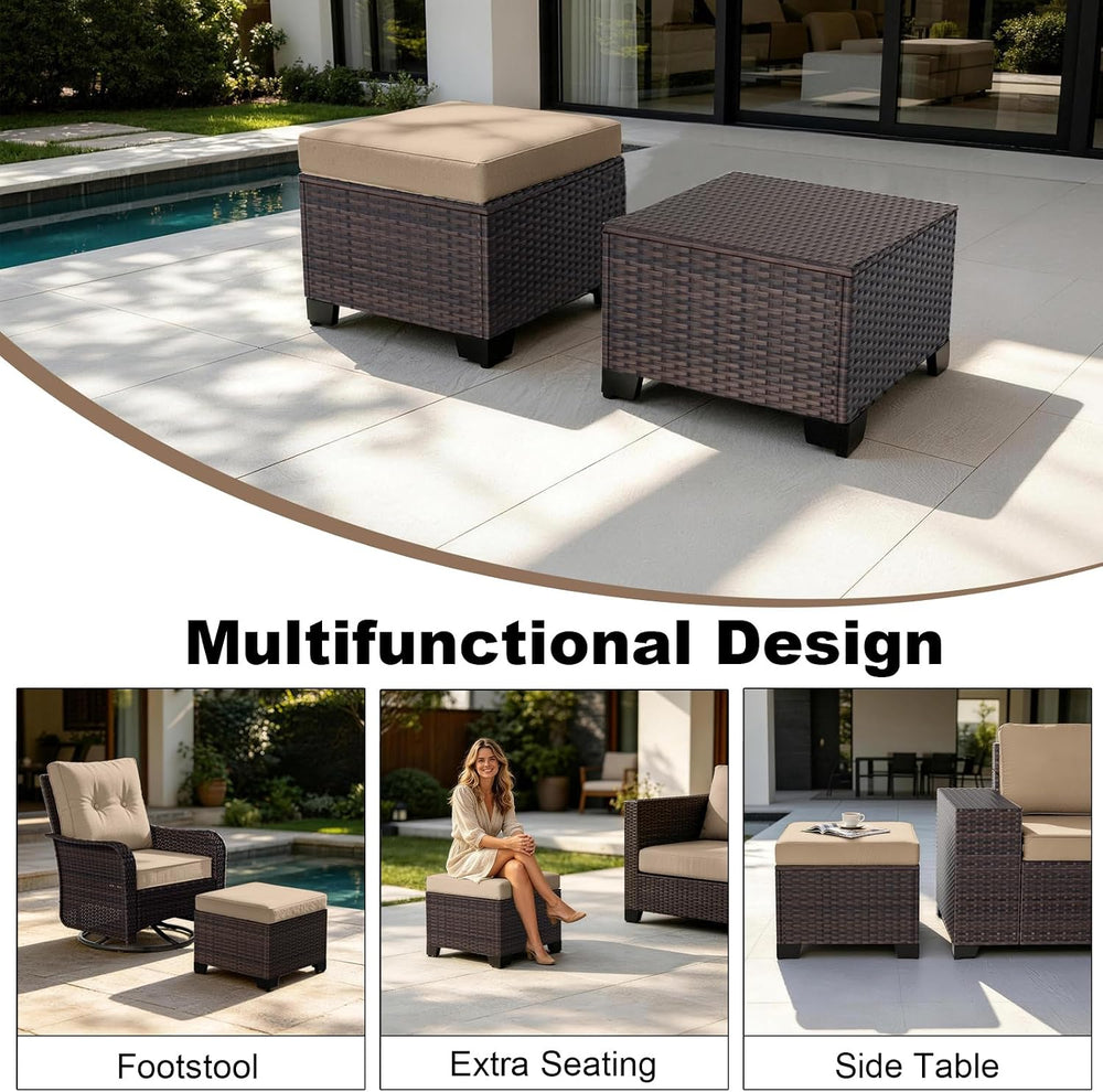 2 Pieces Wicker Ottomans, All Weather Rattan Patio Ottoman with Removable Cus...